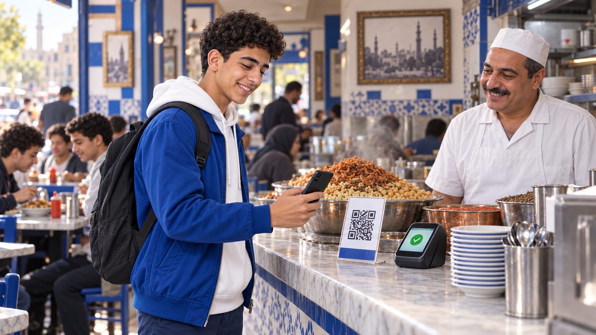 يوسف يدفع ثمن الغداء بكود QR في محل كشري